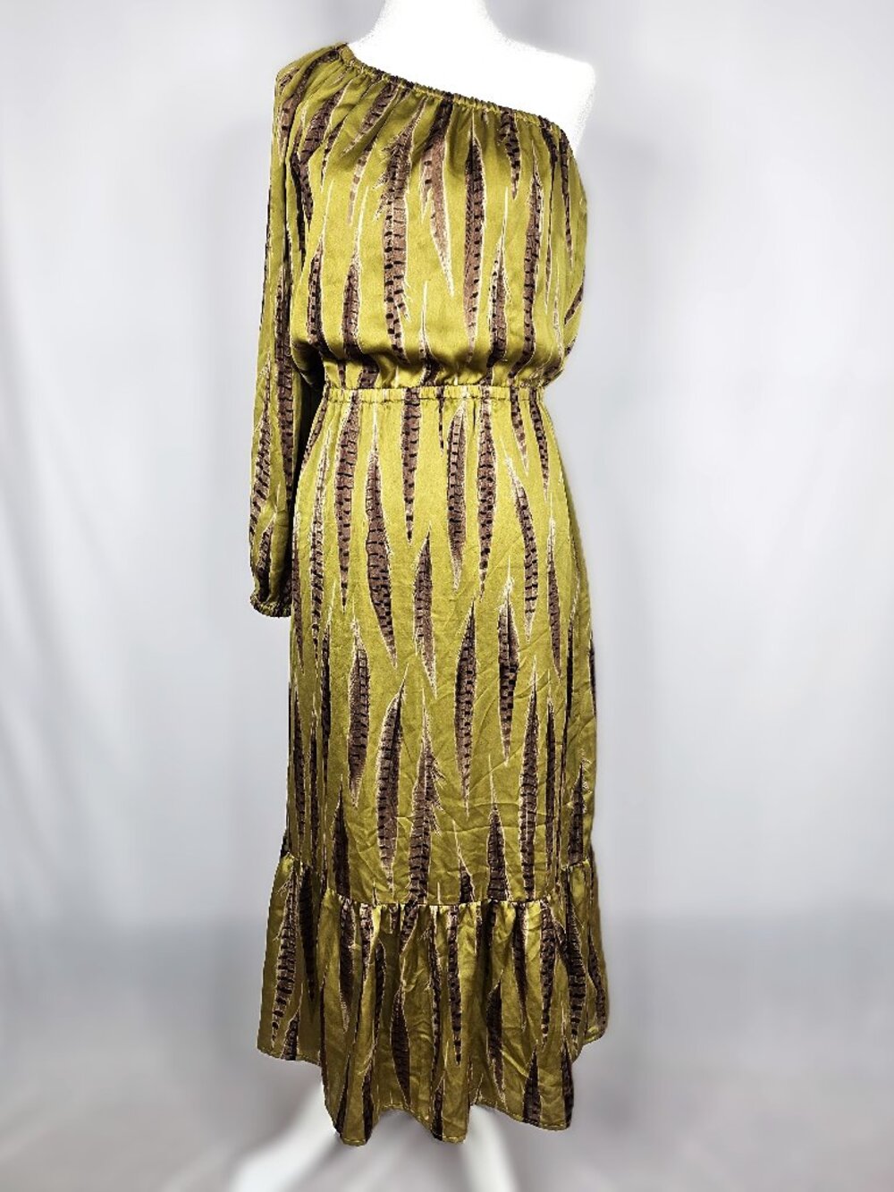 Michael Kors | Tarragon Feather One Shoulder Midi Dress | Olive | XS
